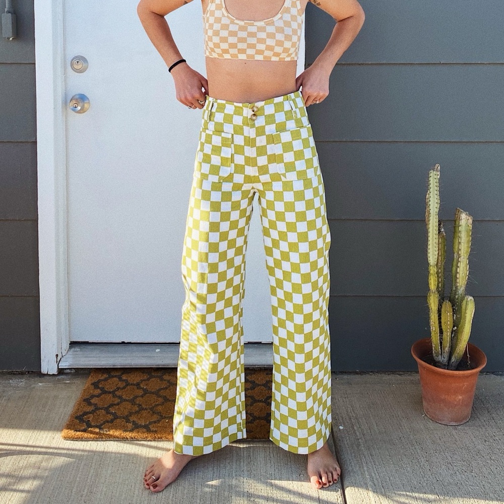 Checkered Wide Leg Pants — Chartreuse